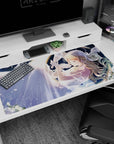 Blonde anime girl making a wish under stars, petals drifting, on a 40x20 inches desk pad.