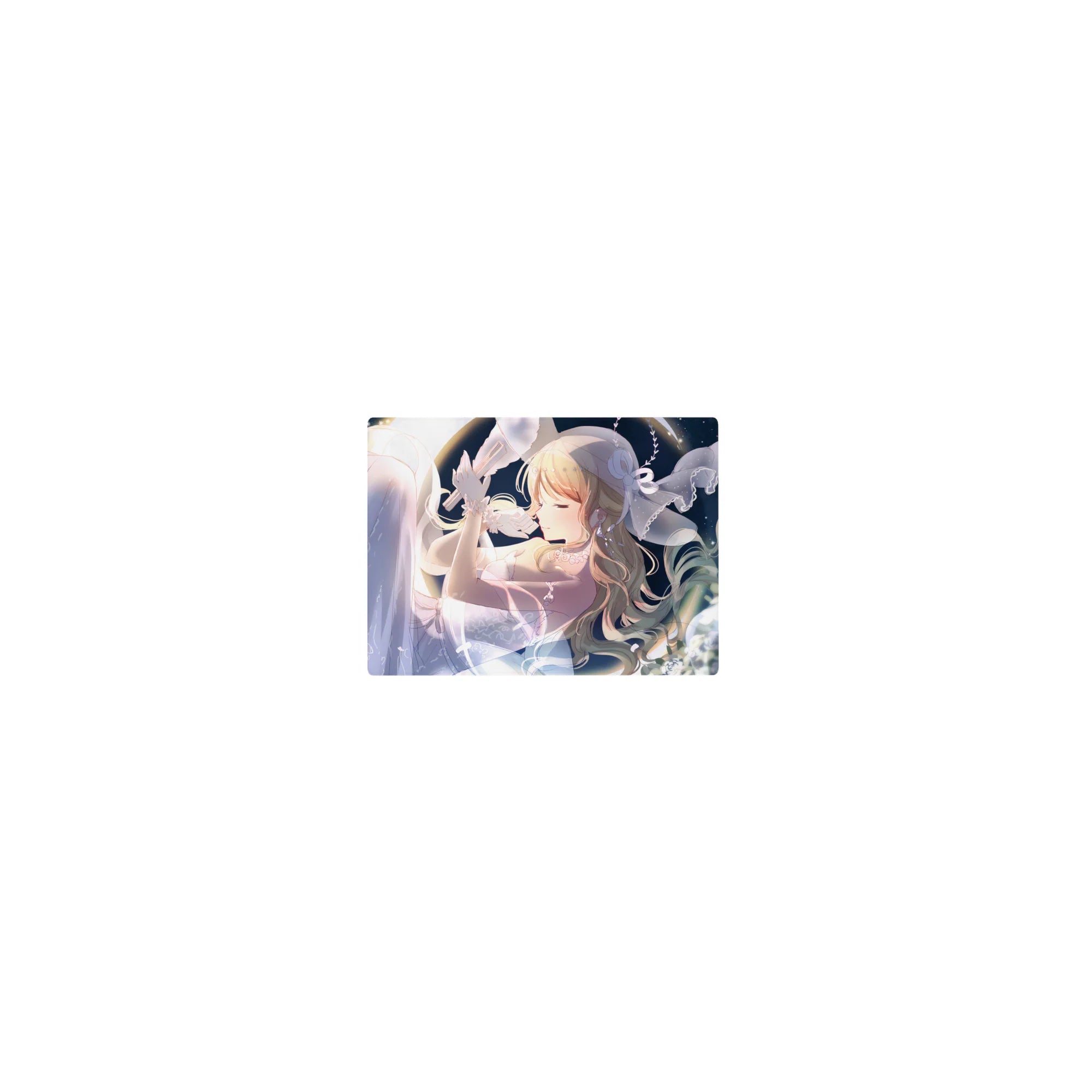 Classic anime girl mouse pad 14x10 inches with blonde hair, white dress, ribbons, and starlit backdrop.