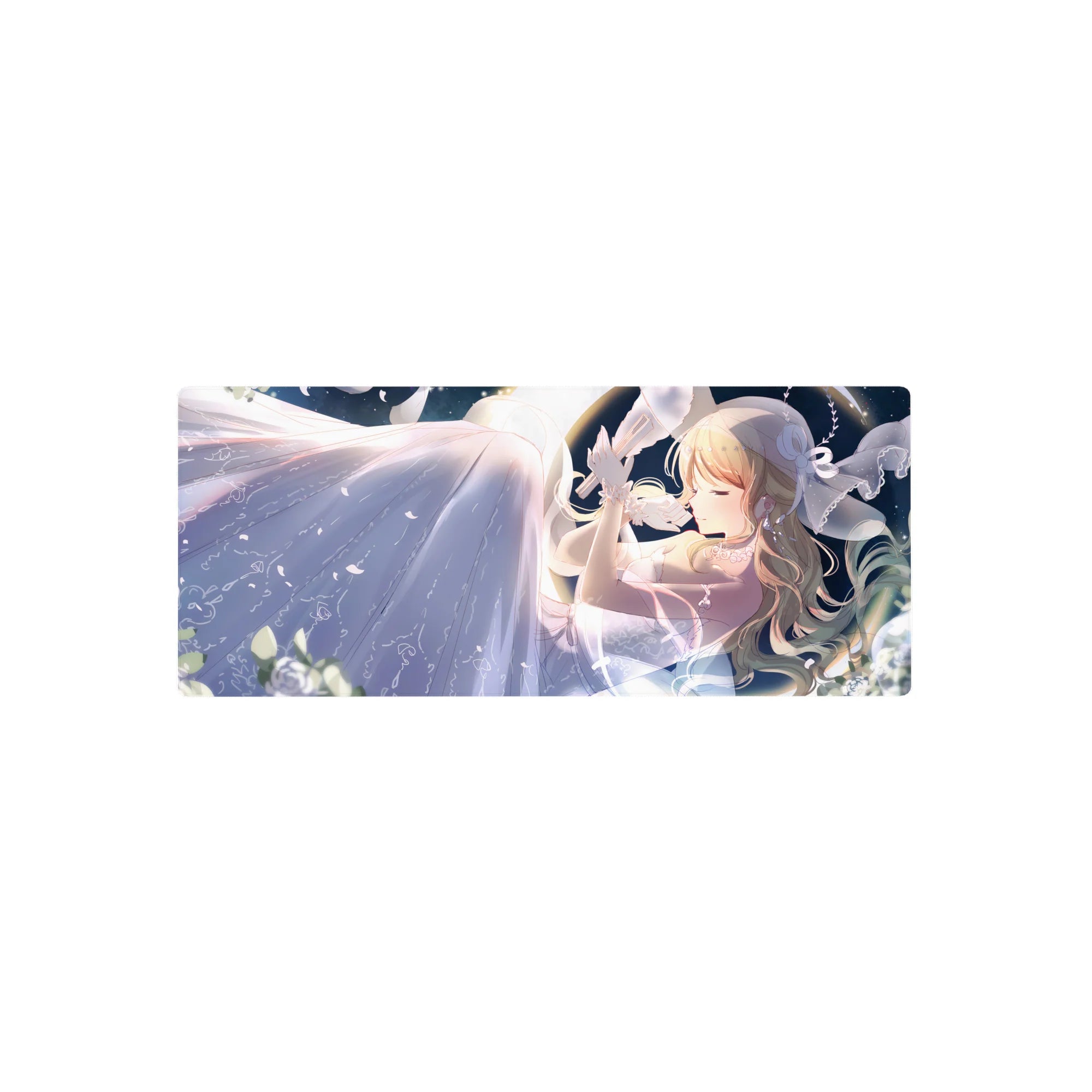 28x12 inches anime girl mouse pad with blonde hair, pearly ribbons, and a flowing white dress at night.