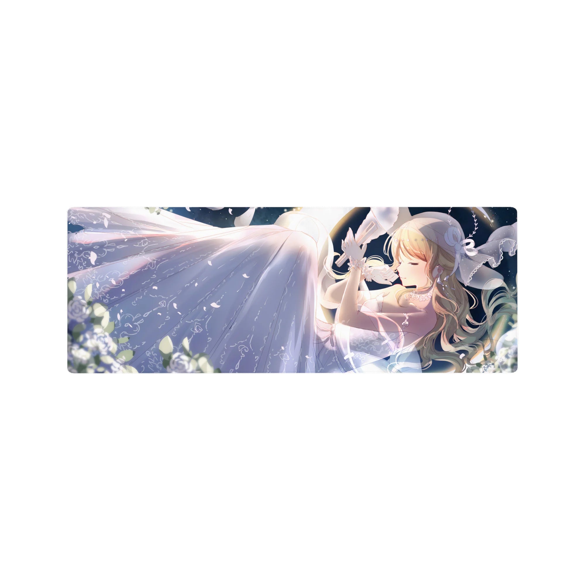 32x12 inches anime girl mouse pad with blonde hair, ribbon accents, and flowing white dress at night.