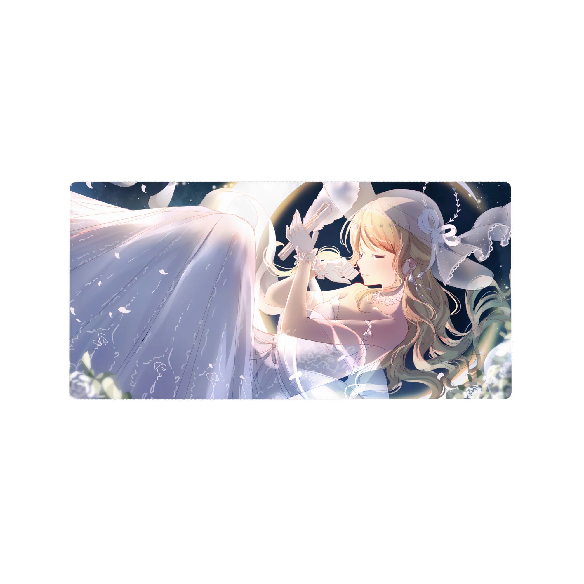 32x16 inches anime girl mouse pad with blonde hair, ribbon accents, and flowing white dress in starlight.