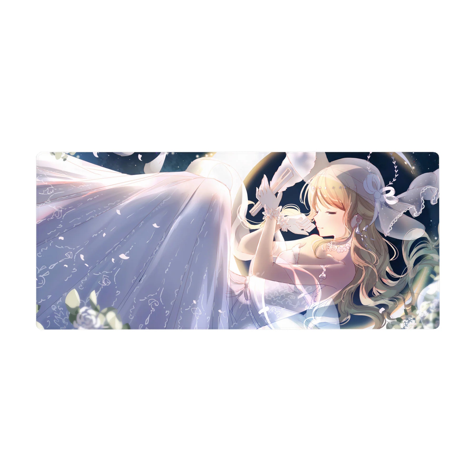 Anime girl desk pad 36x16 inches with blonde hair, ribbon accents, and flowing white dress under stars.
