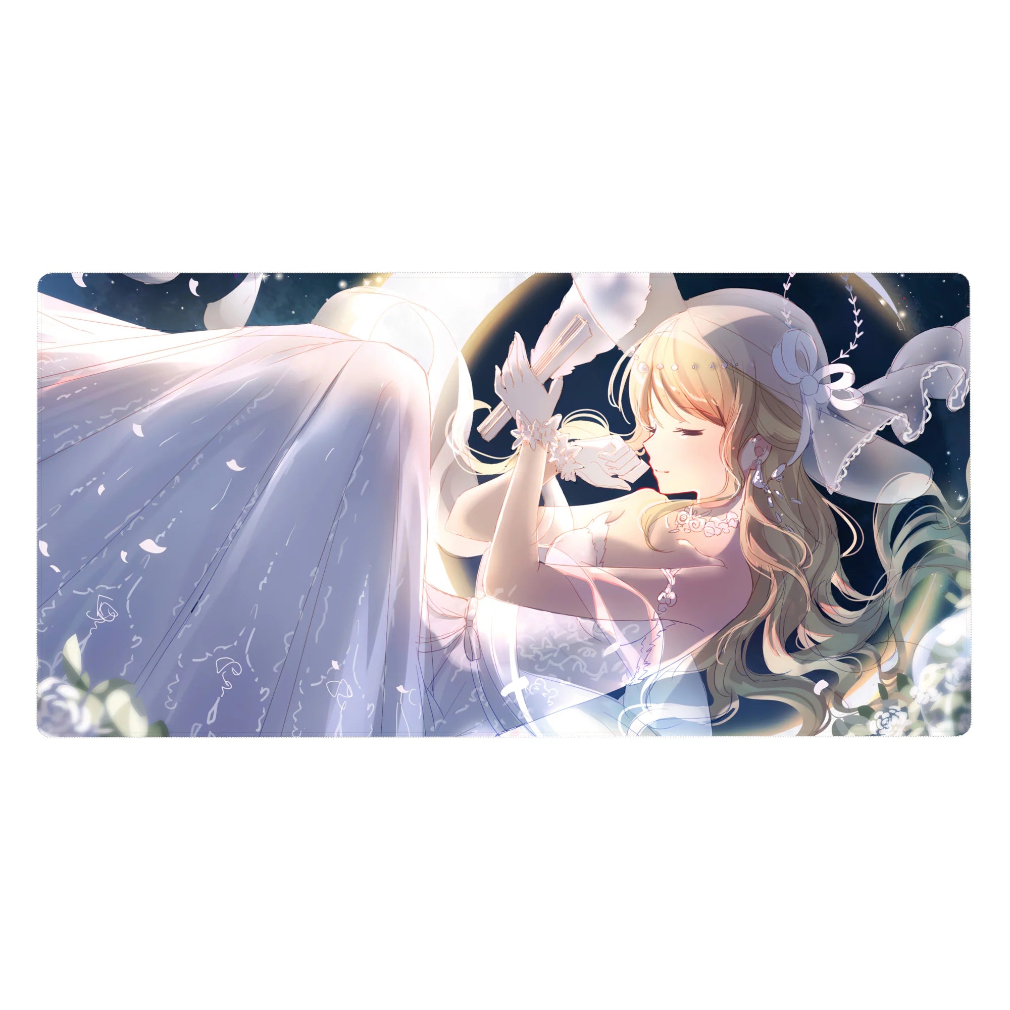 Anime girl desk pad 40x20 inches with moonlit romance art, blonde hair, ribbons, and flowing white dress.