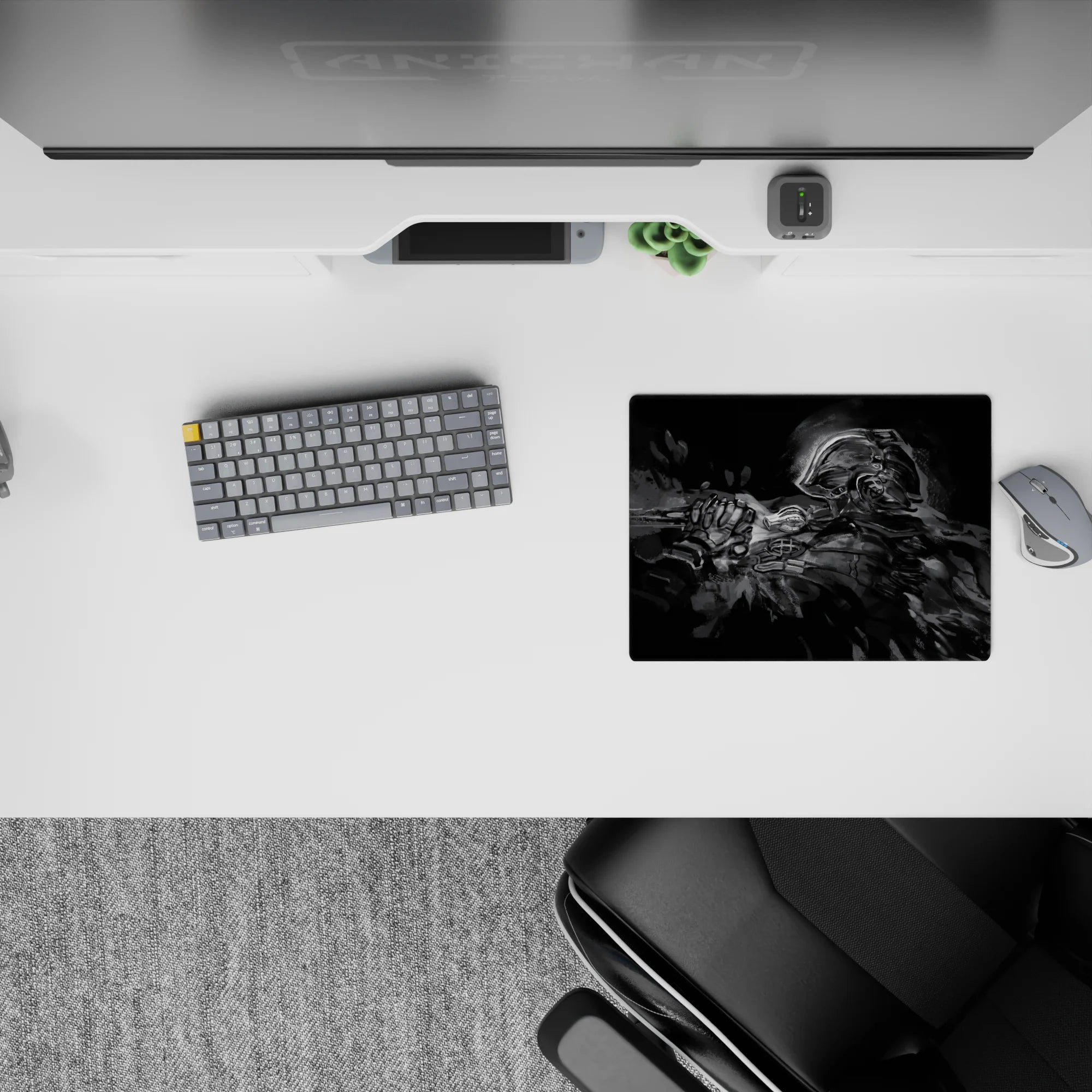 Smoky grayscale anime mouse pad 14x10 inches, moody high-contrast shadows with calm night battle energy.