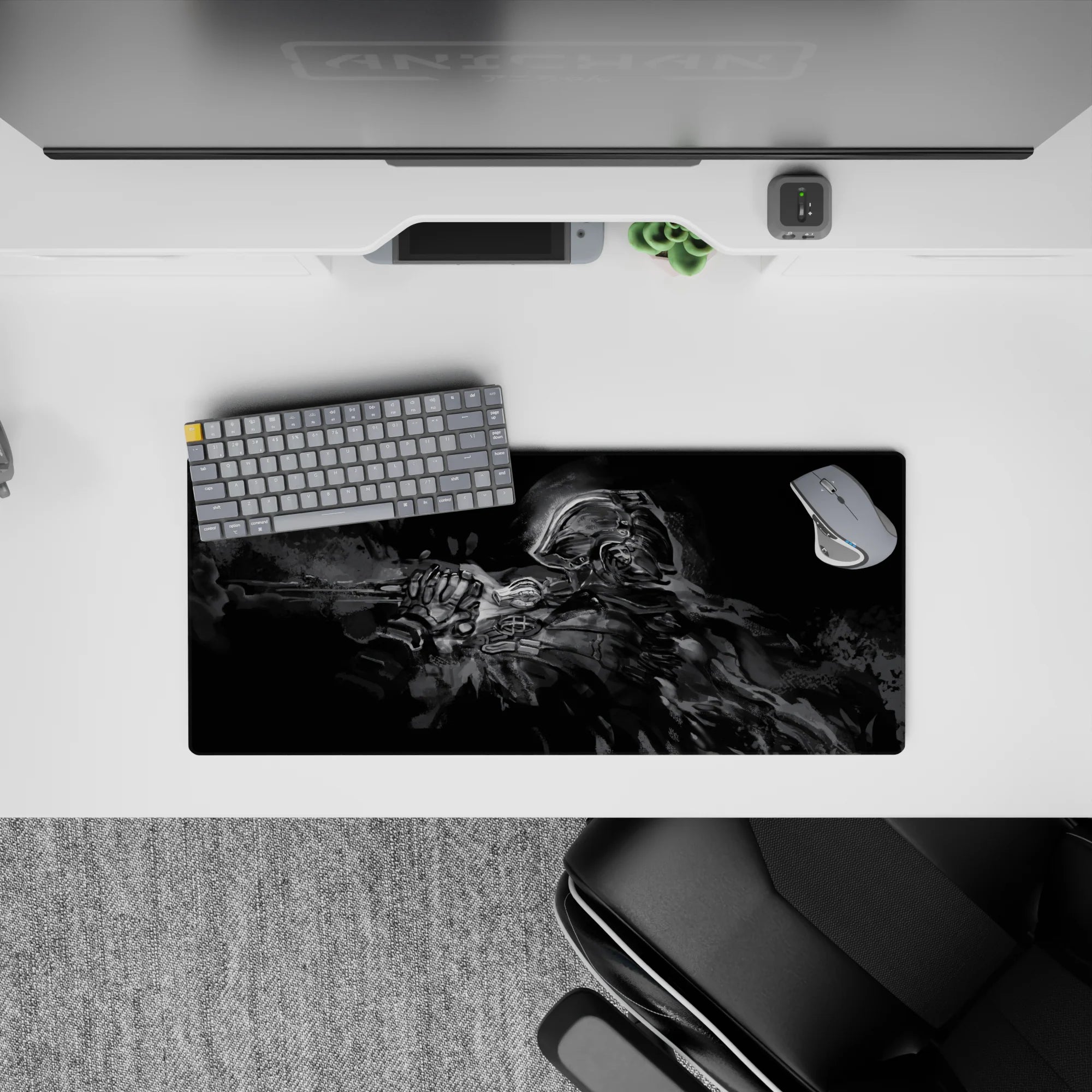 Smoky grayscale anime mouse pad 28x12 inches with moody shadows, subtle highlights, and a calm night vibe.