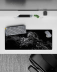 Smoky grayscale anime mouse pad 28x12 inches with moody shadows, subtle highlights, and a calm night vibe.