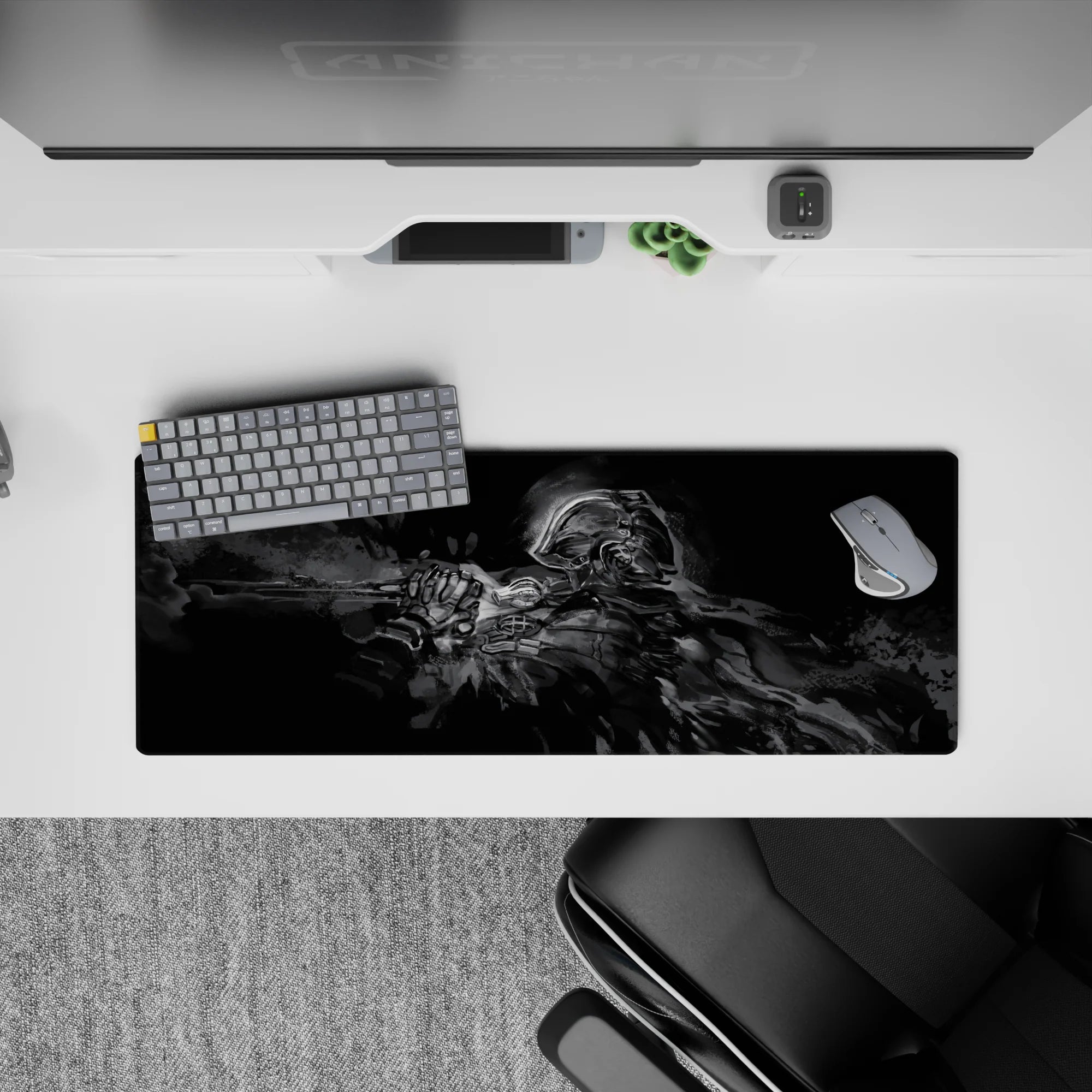 Smoky grayscale anime mouse pad 32x12 inches, moody high-contrast metal highlights in the dark.