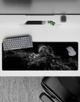Smoky grayscale anime mouse pad 32x12 inches, moody high-contrast metal highlights in the dark.