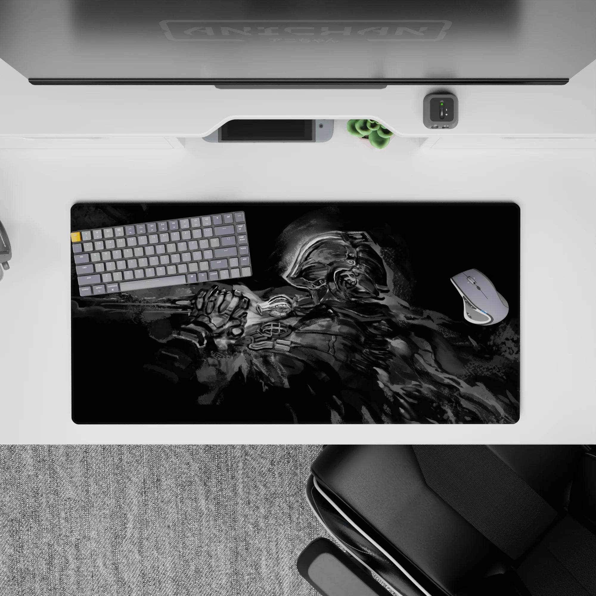 32x16 inches grayscale anime mouse pad, smoky shadows and metal highlights for a calm, dark mood.