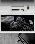32x16 inches grayscale anime mouse pad, smoky shadows and metal highlights for a calm, dark mood.