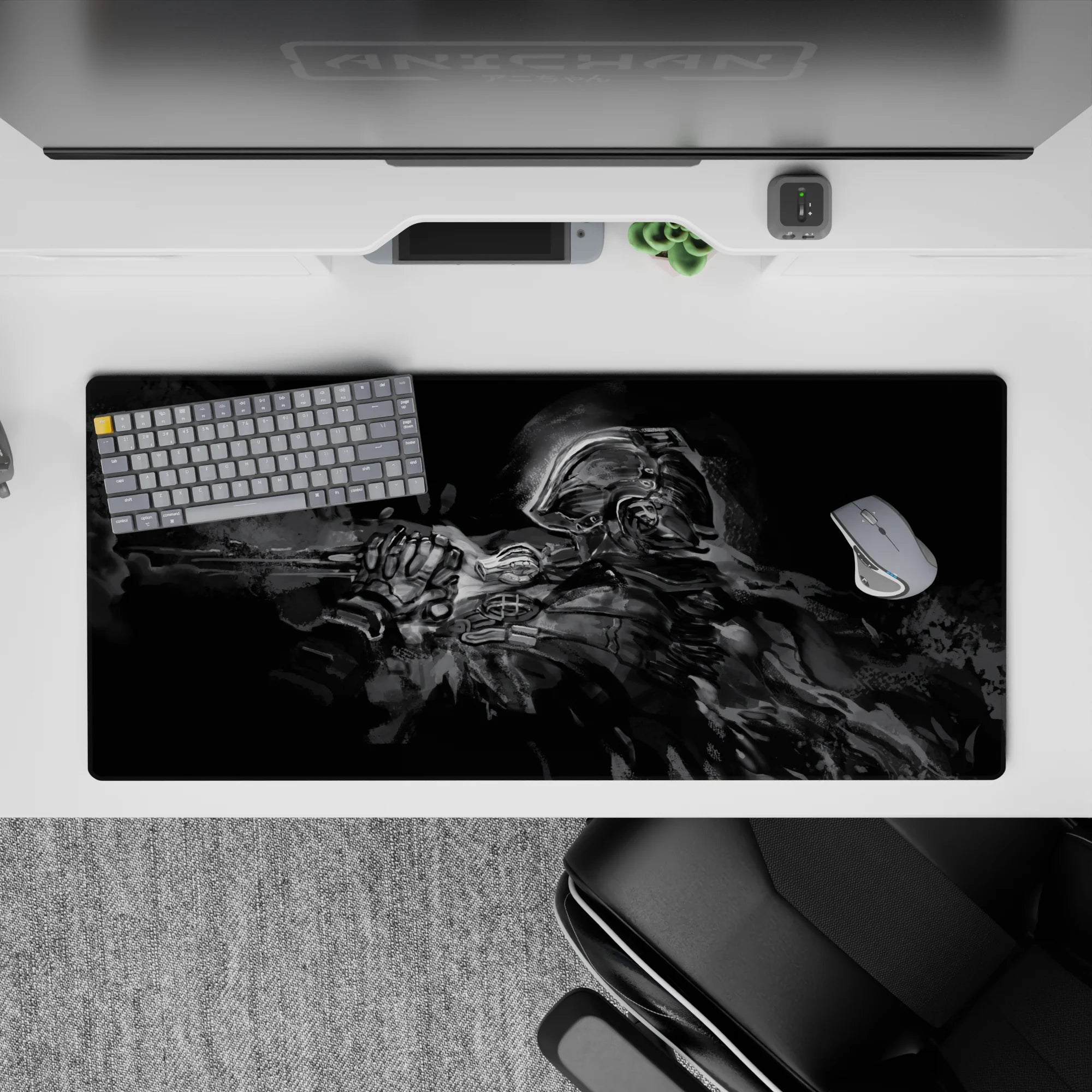 36x16 inches smoky grayscale anime desk pad, high-contrast steel highlights and shadowy edges, calm night mood.
