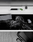 36x16 inches smoky grayscale anime desk pad, high-contrast steel highlights and shadowy edges, calm night mood.