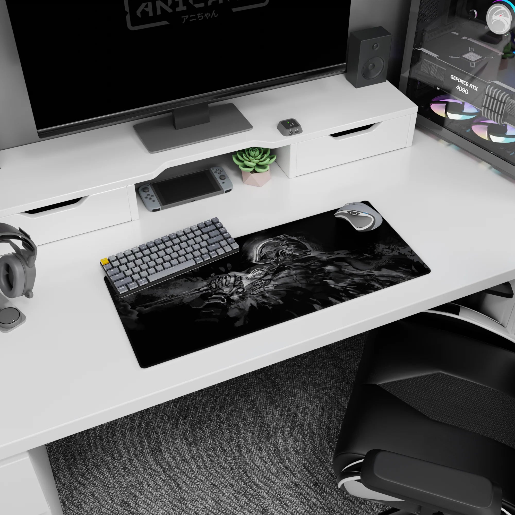 Anime mouse pad 28x12 inches showing a lone helmeted warrior mid-strike, sword raised in dark battle haze.