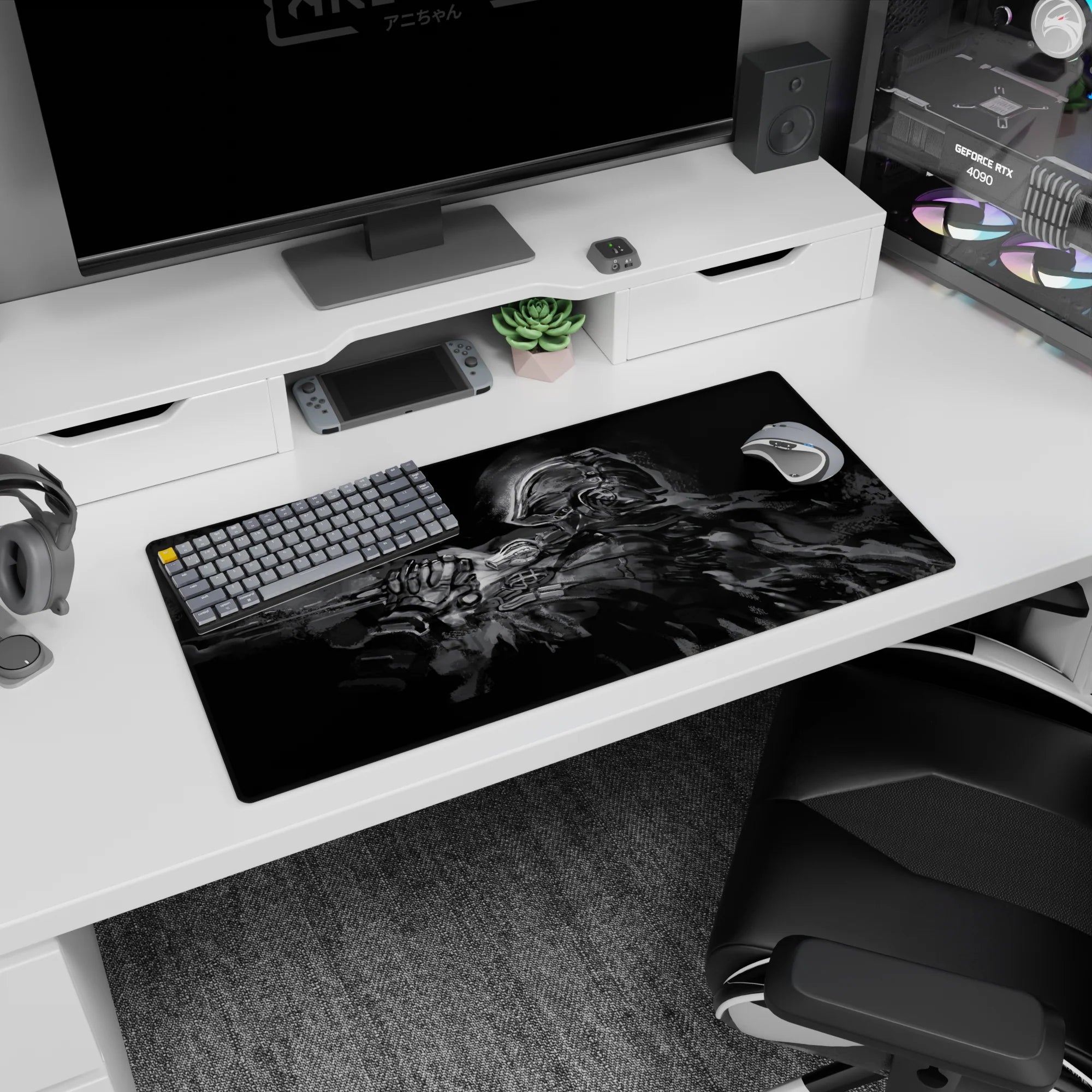 32x16 inches anime mouse pad showing a lone armored swordsman mid-strike, blade ready in darkness.