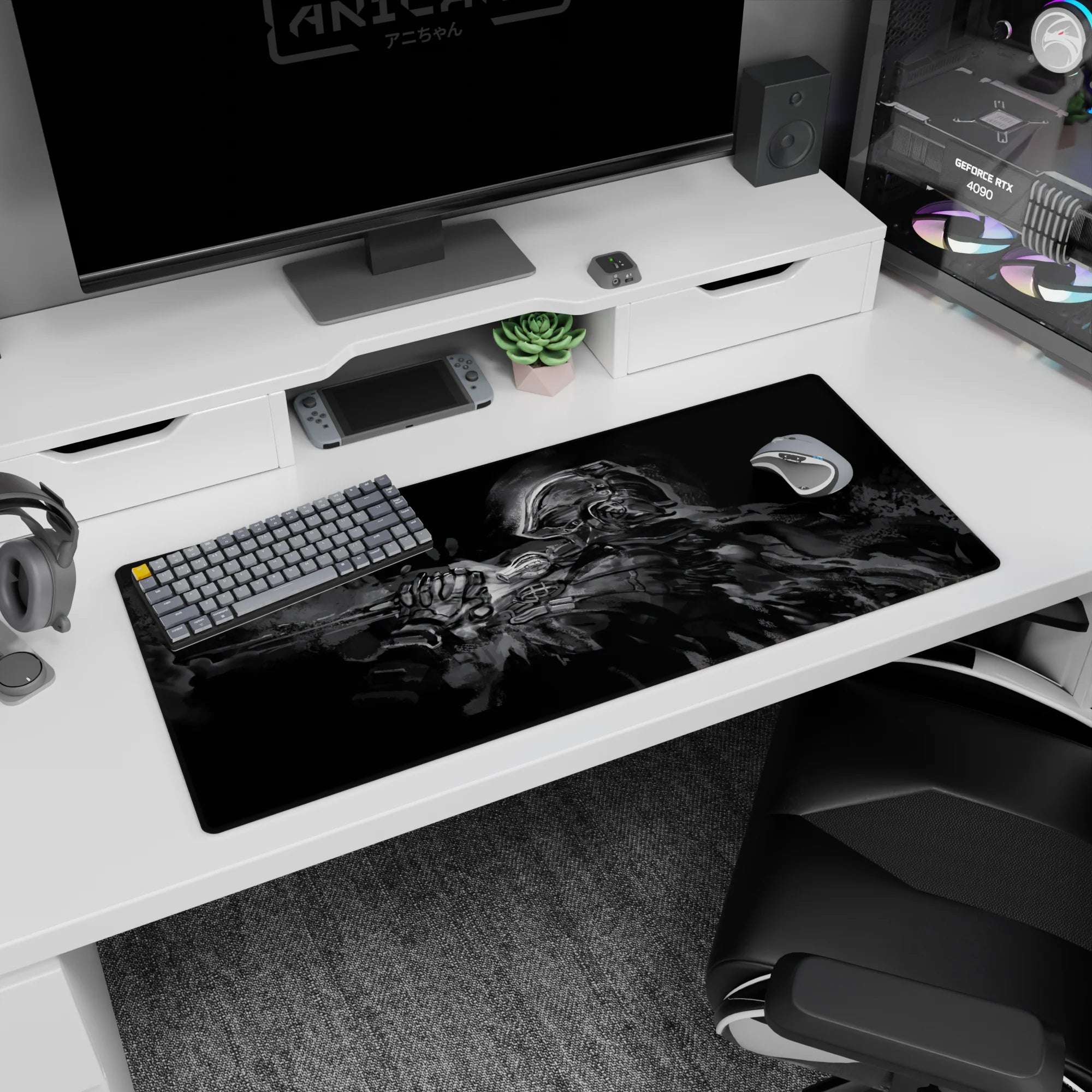 36x16 inches anime desk pad showing a lone helmeted swordsman gripping a blade, cutting through darkness.