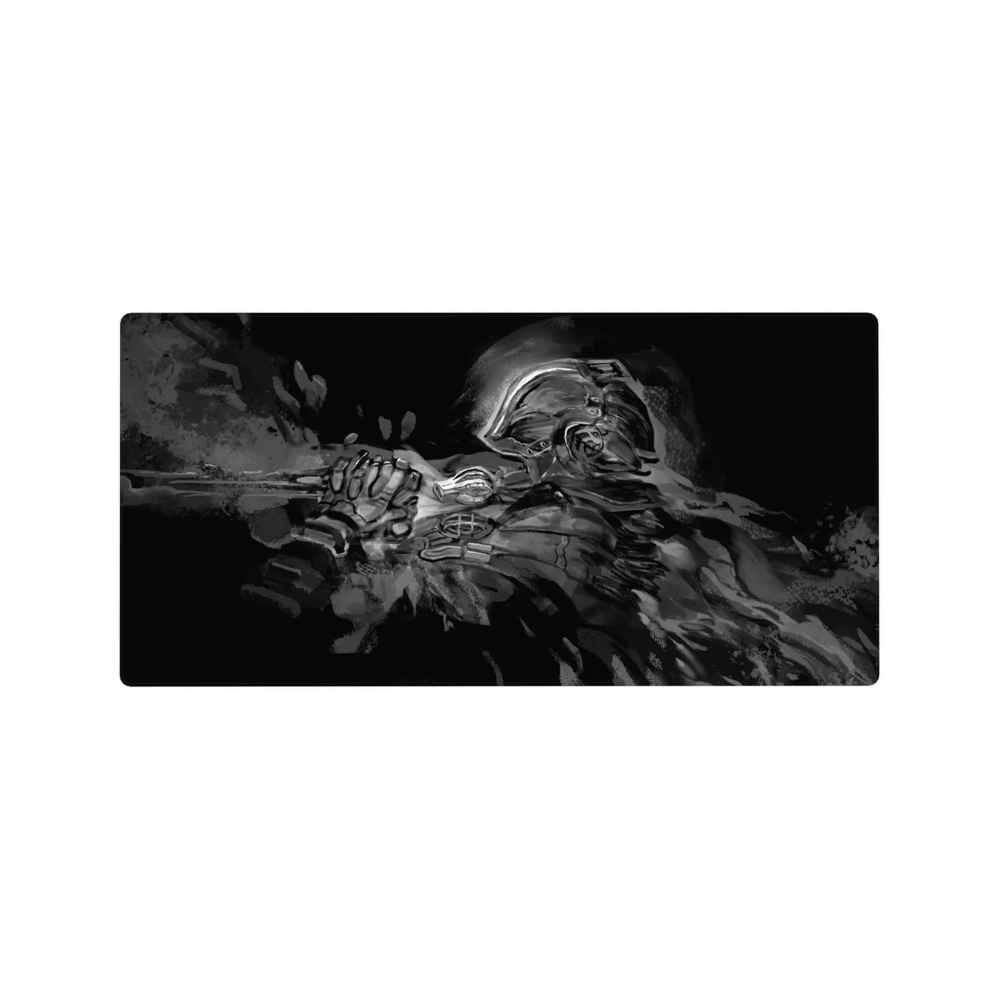 32x16 inches anime mouse pad with armored swordsman, sharp helmet lines, ink-splatter battle art.