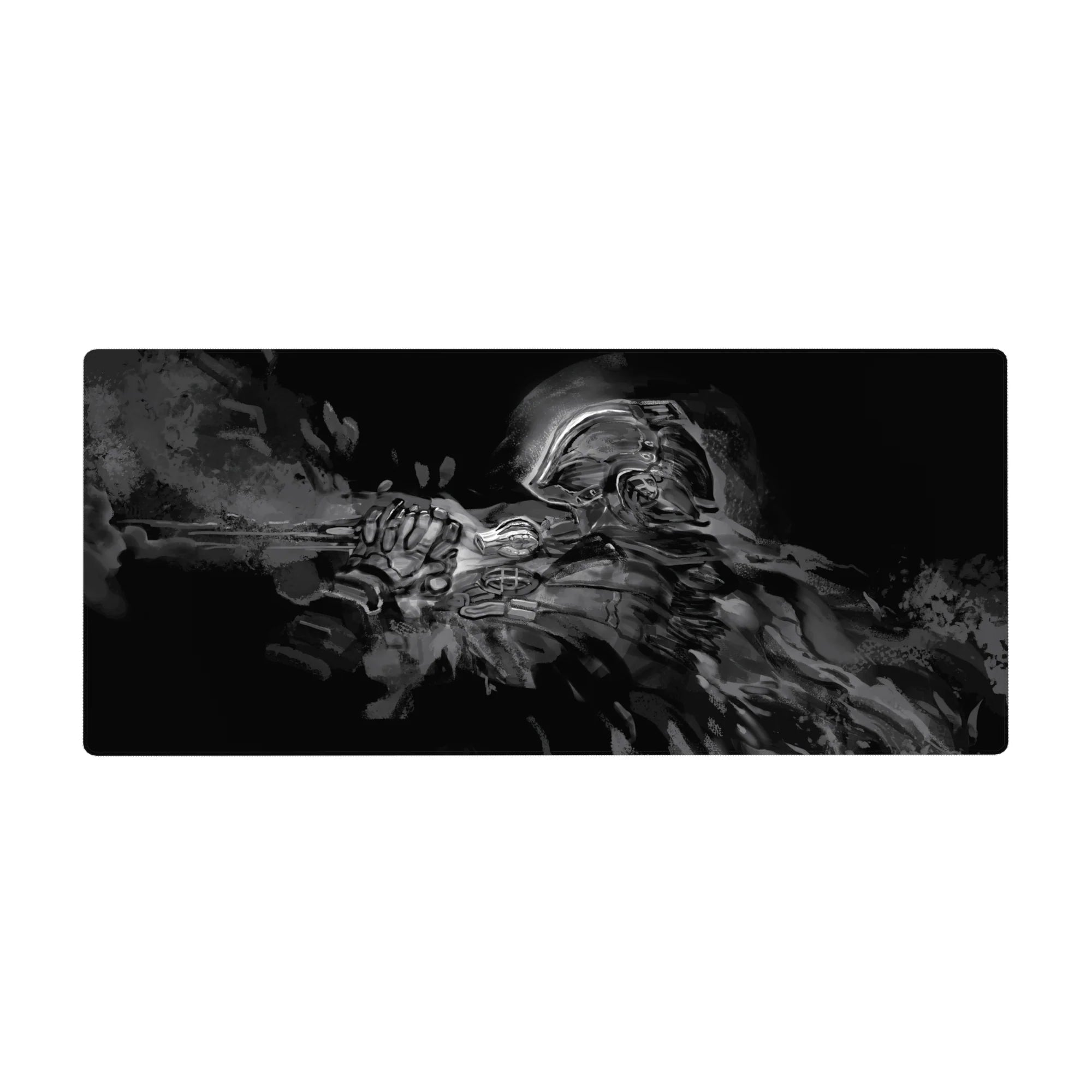 36x16 inches anime desk pad with armored swordsman, ink-splatter textures, and dynamic mid-strike pose.