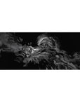 36x16 inches anime desk pad with armored swordsman, ink-splatter textures, and dynamic mid-strike pose.