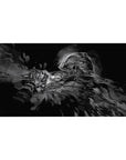 Smoky grayscale armored swordsman anime desk pad, ink-splatter battle art, 40x20 inches.