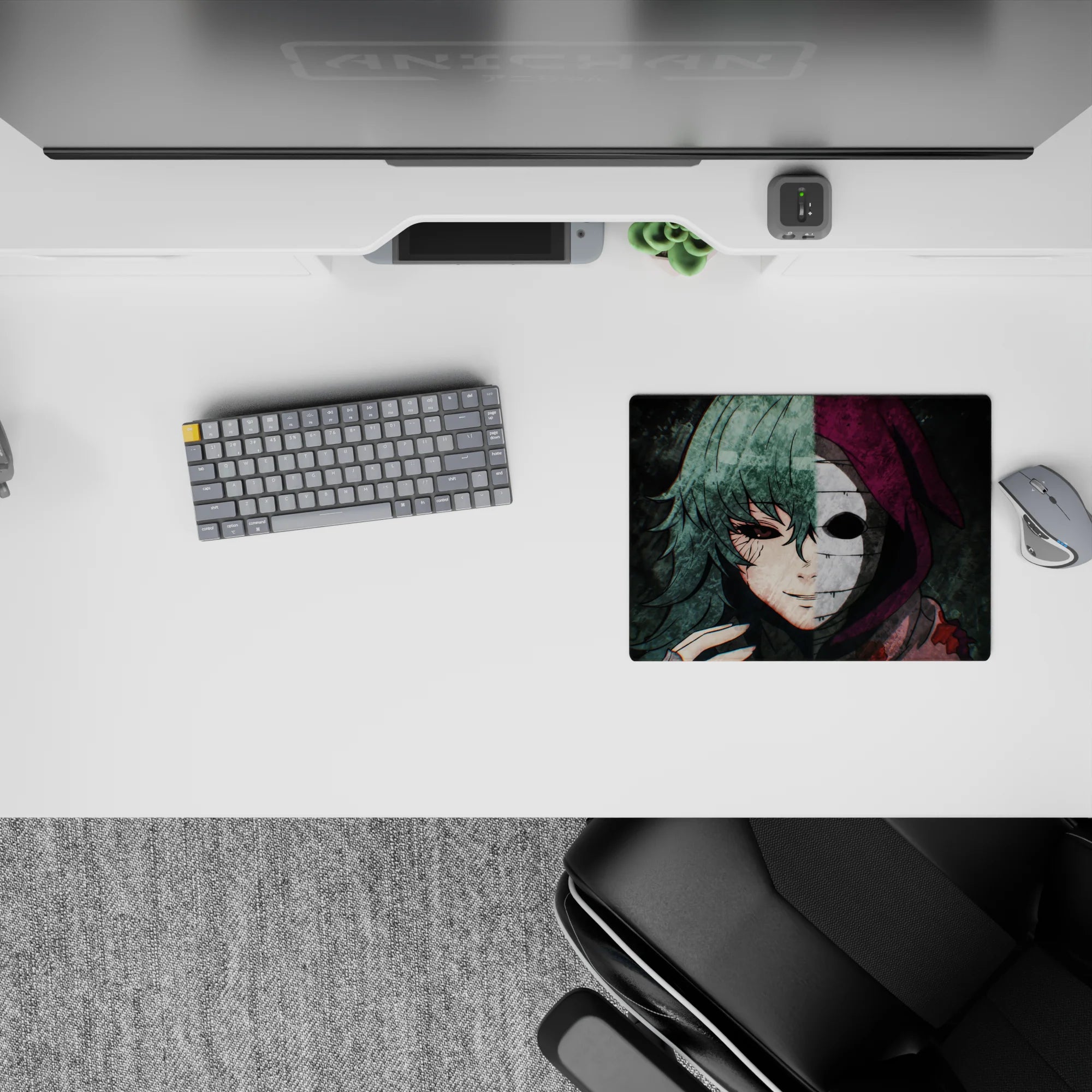 Anime mouse pad featuring haunting duality design, 14x10 inches; gritty textures and eerie colors create a stunning look.