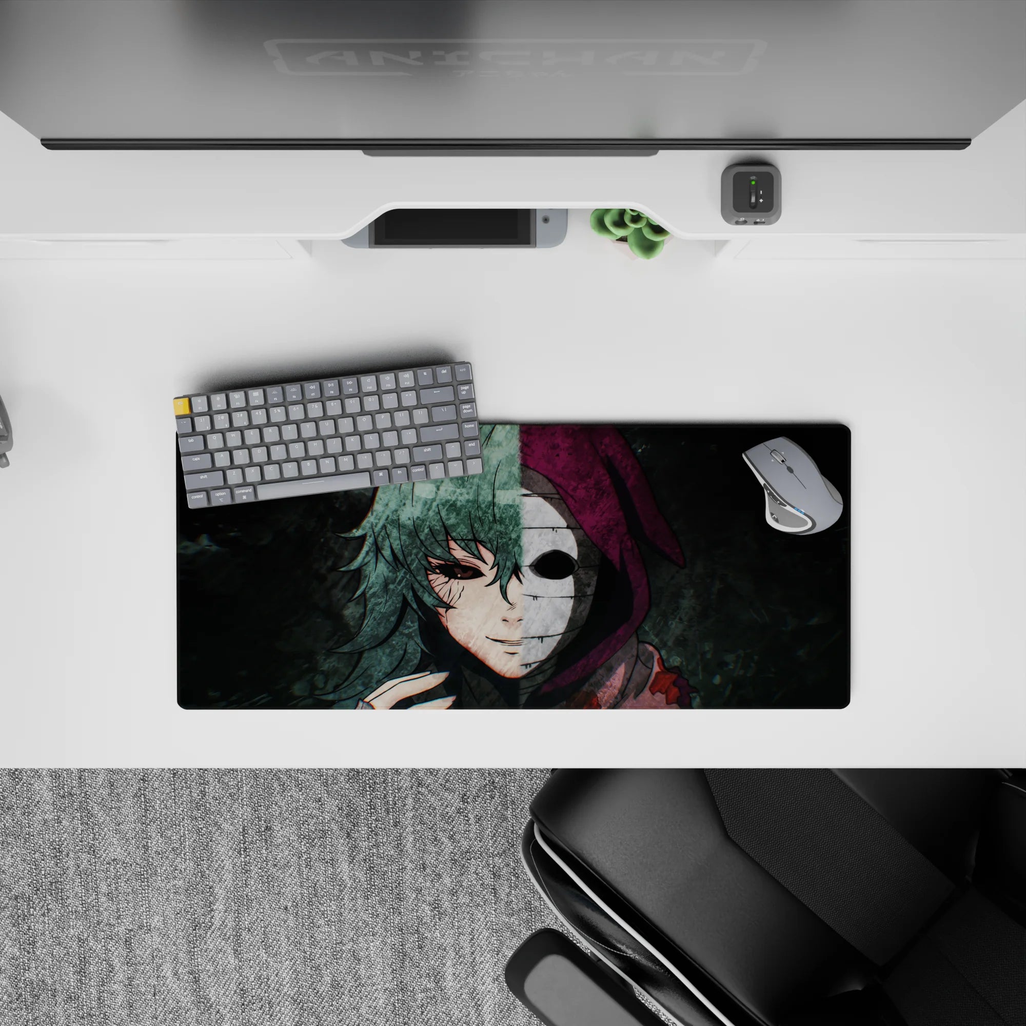 Anime mouse pad 28x12 inches featuring a haunting stare and emotionless mask, with gritty textures and eerie colors.