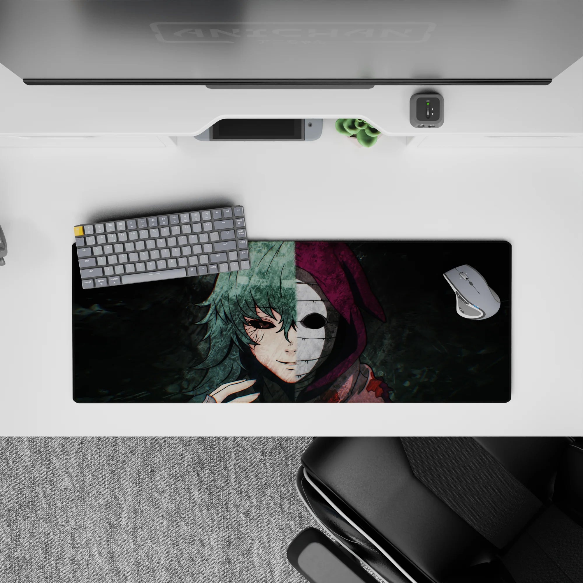 Anime mouse pad 32x12 inches featuring a haunting stare, blood-flecked hoodie, deep violets, ash green, and ghostly whites.