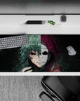 Anime desk pad 36x16 inches featuring a haunting stare and emotionless mask, with gritty textures and eerie colors.