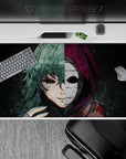 Anime mouse pad 40x20 inches featuring a haunting stare and emotionless mask, with gritty textures and eerie colors.