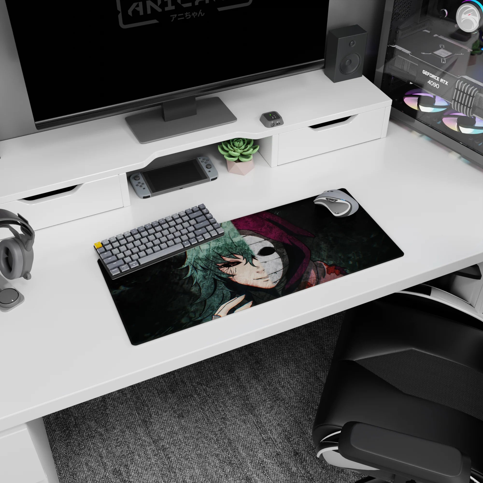 Anime mouse pad 28x12 inches featuring a haunting stare and emotionless mask, with gritty textures and eerie colors.