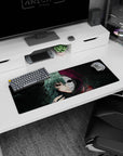 Anime mouse pad 32x12 inches featuring a haunting stare and emotionless mask, with gritty textures and eerie colors.