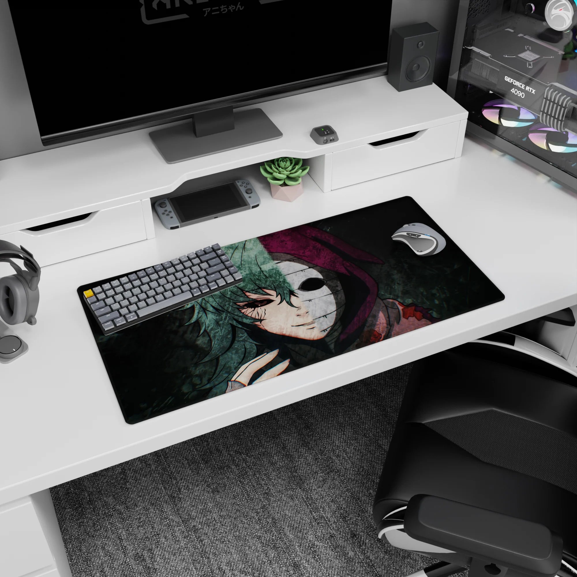 Anime mouse pad 32x16 inches featuring intense duality of madness and calm with gritty textures and haunting colors.