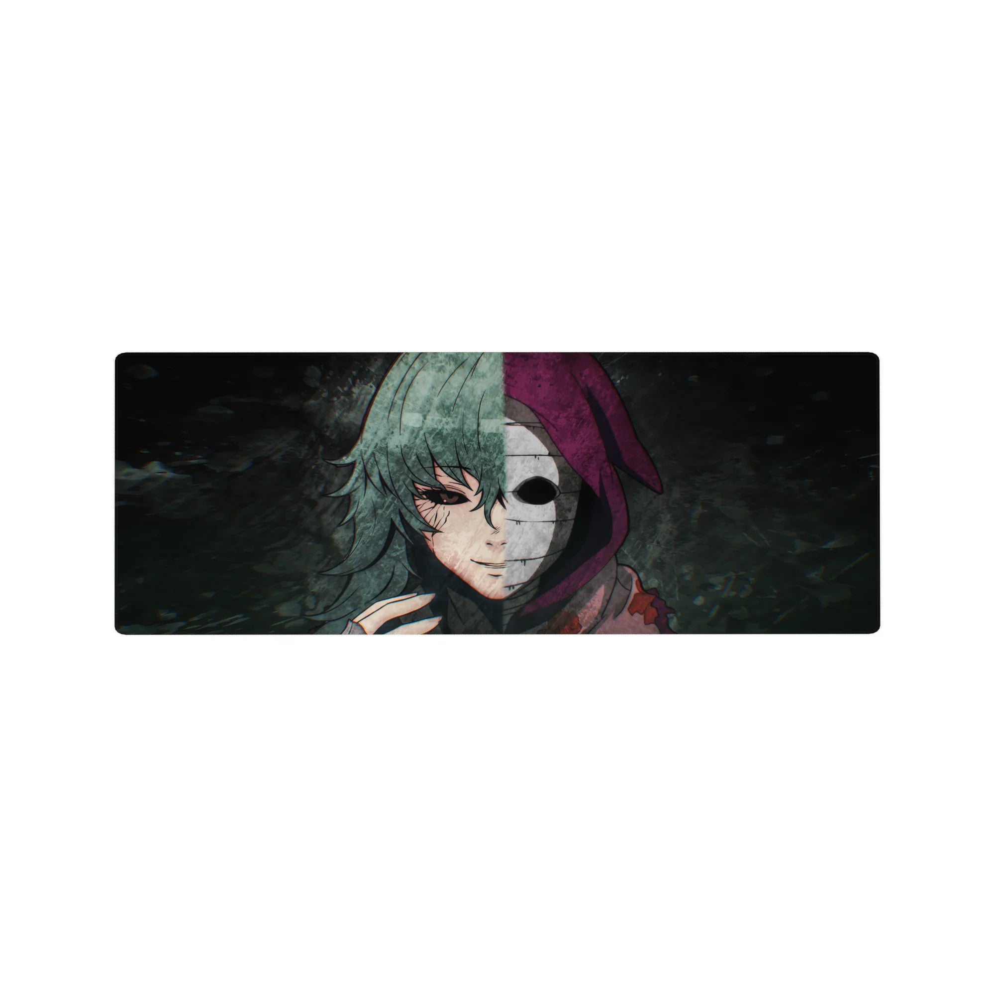 Anime mouse pad featuring a haunting stare and emotionless mask, 32x12 inches. Vivid colors and gritty textures.