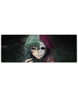 Anime mouse pad featuring a haunting stare and emotionless mask, 32x12 inches. Vivid colors and gritty textures.