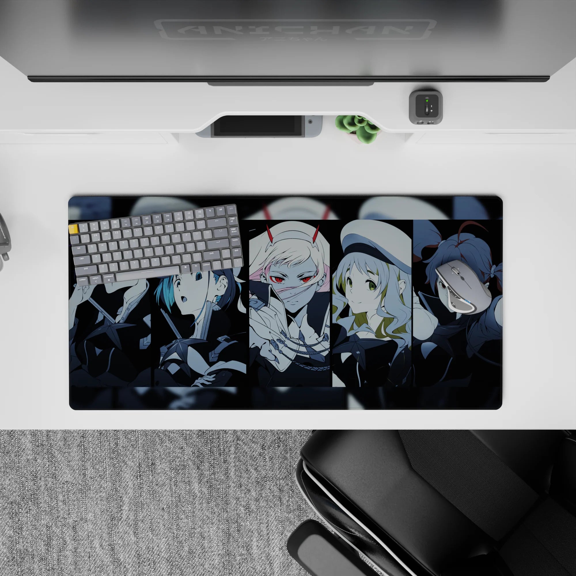 Anime mouse pad 32x16 inches featuring Parasite team from Darling in the Franxx with muted blues, blacks, and vibrant details.
