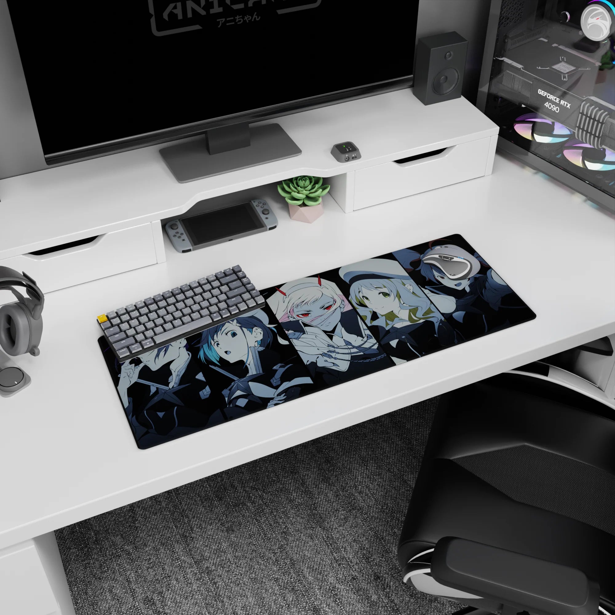 Anime mouse pad 32x12 inches with Parasite team from Darling in the Franxx; features Zero Two, Hiro, vibrant colors.