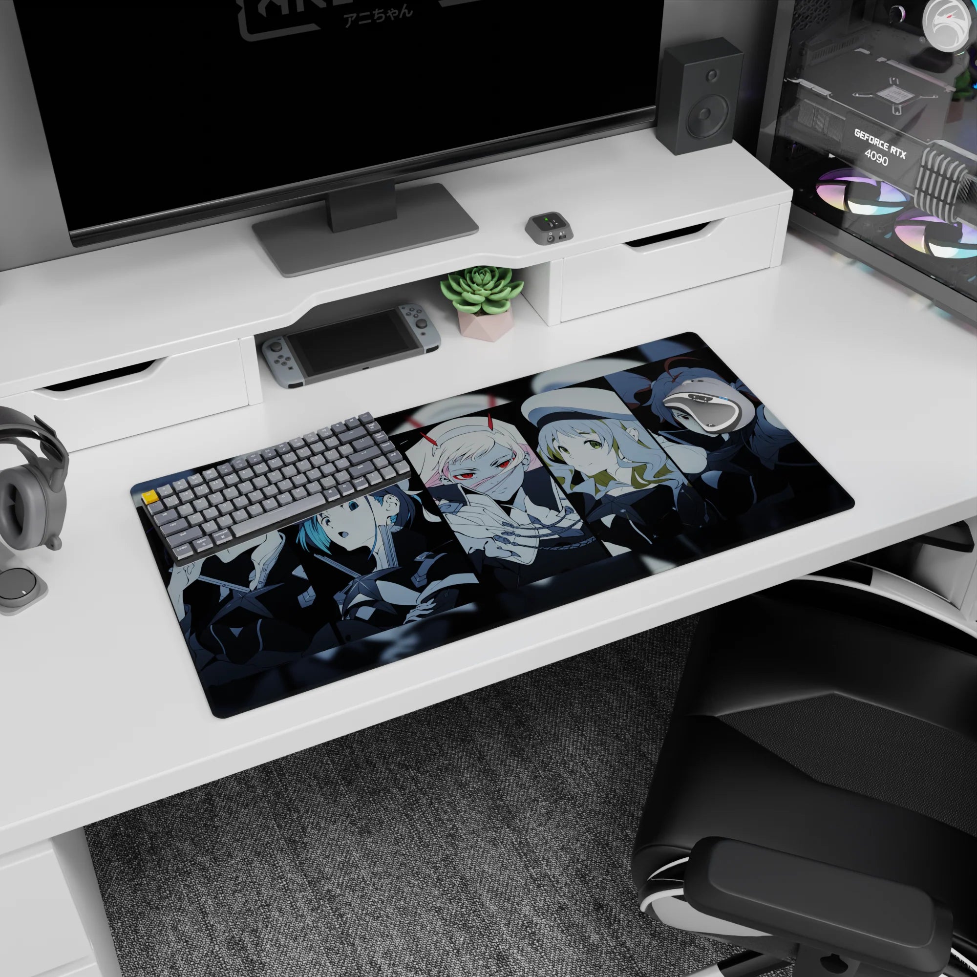 Anime mouse pad 32x16 inches with the Parasite team from Darling in the Franxx, featuring Zero Two and Hiro in vibrant detail.