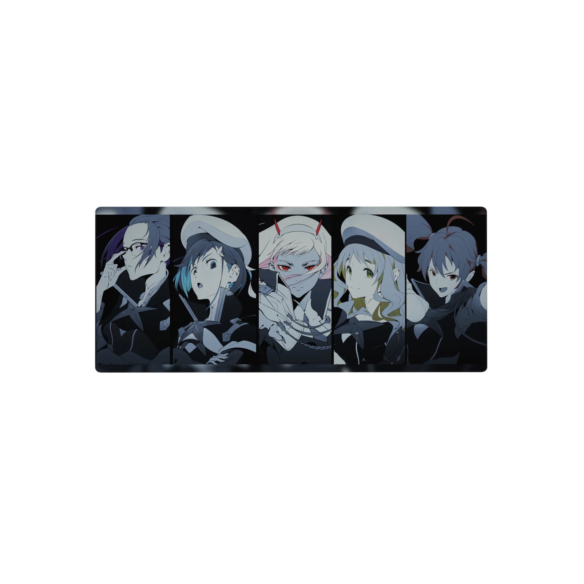 Anime mouse pad 28x12 inches featuring the Parasite team from Darling in the Franxx with vibrant blues and blacks.