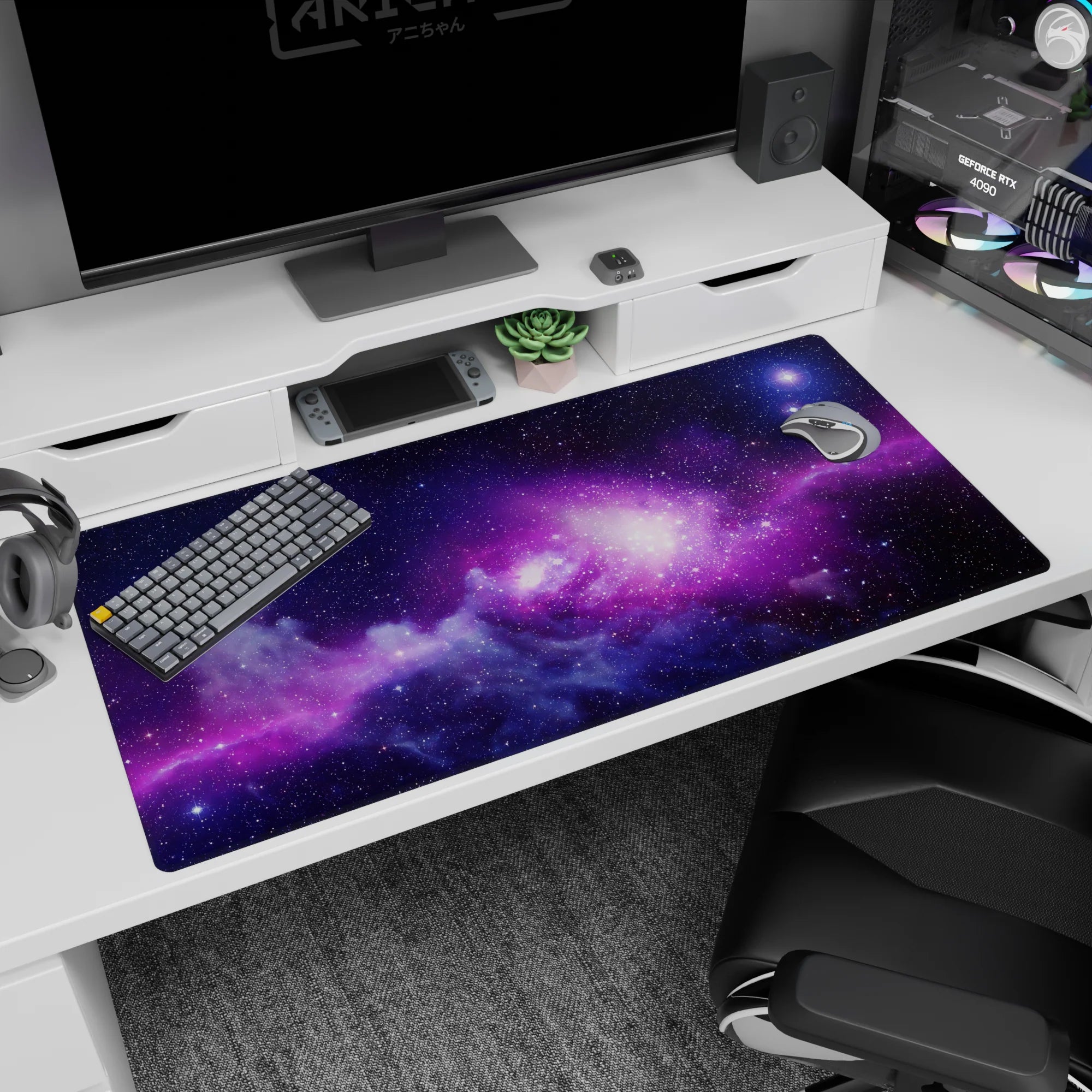 Velvet night sky scene desk pad 40x20 inches featuring cottony nebula clouds and tiny stars.