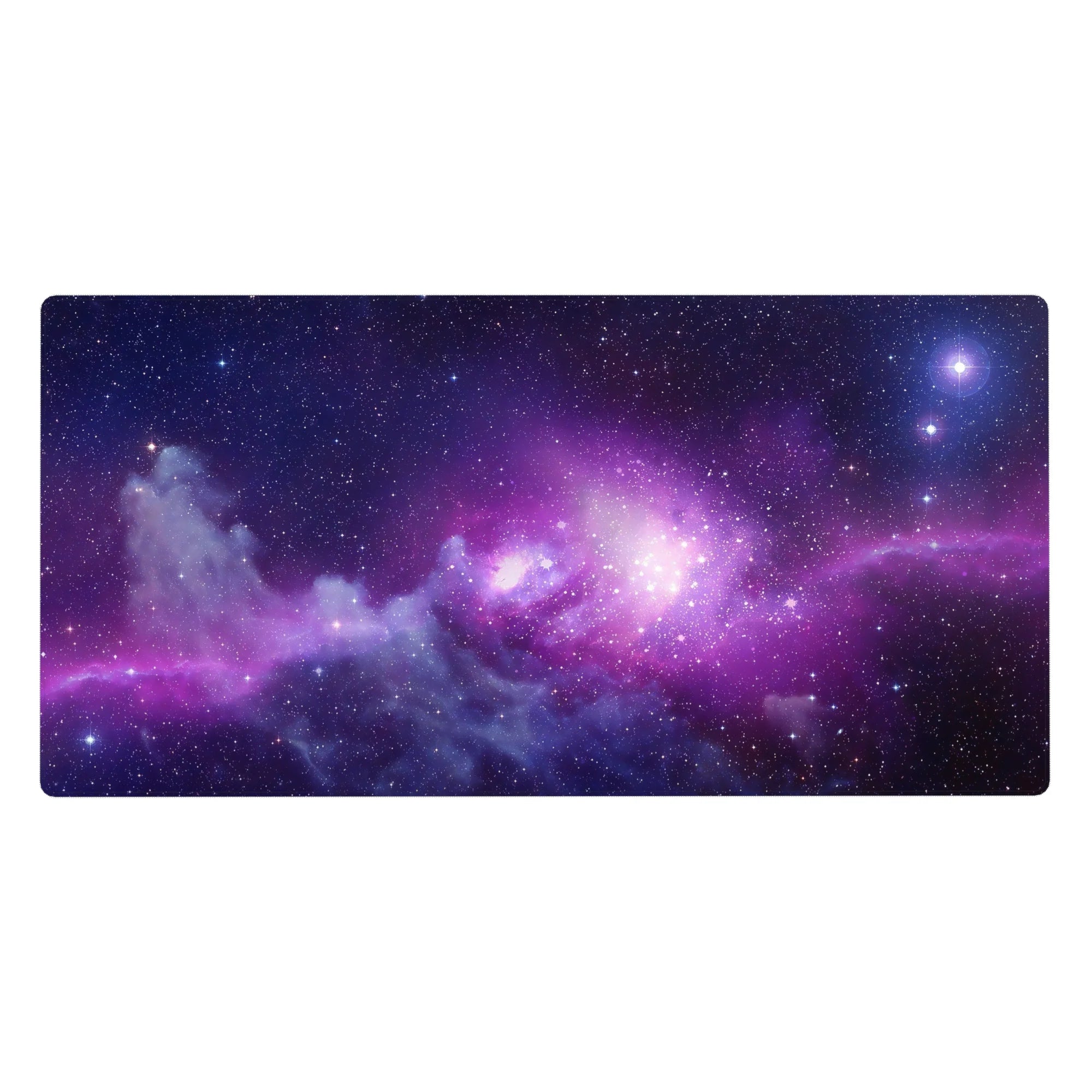 Cosmic starfield desk pad 40x20 inches with indigo-to-violet sky and soft nebula clouds.