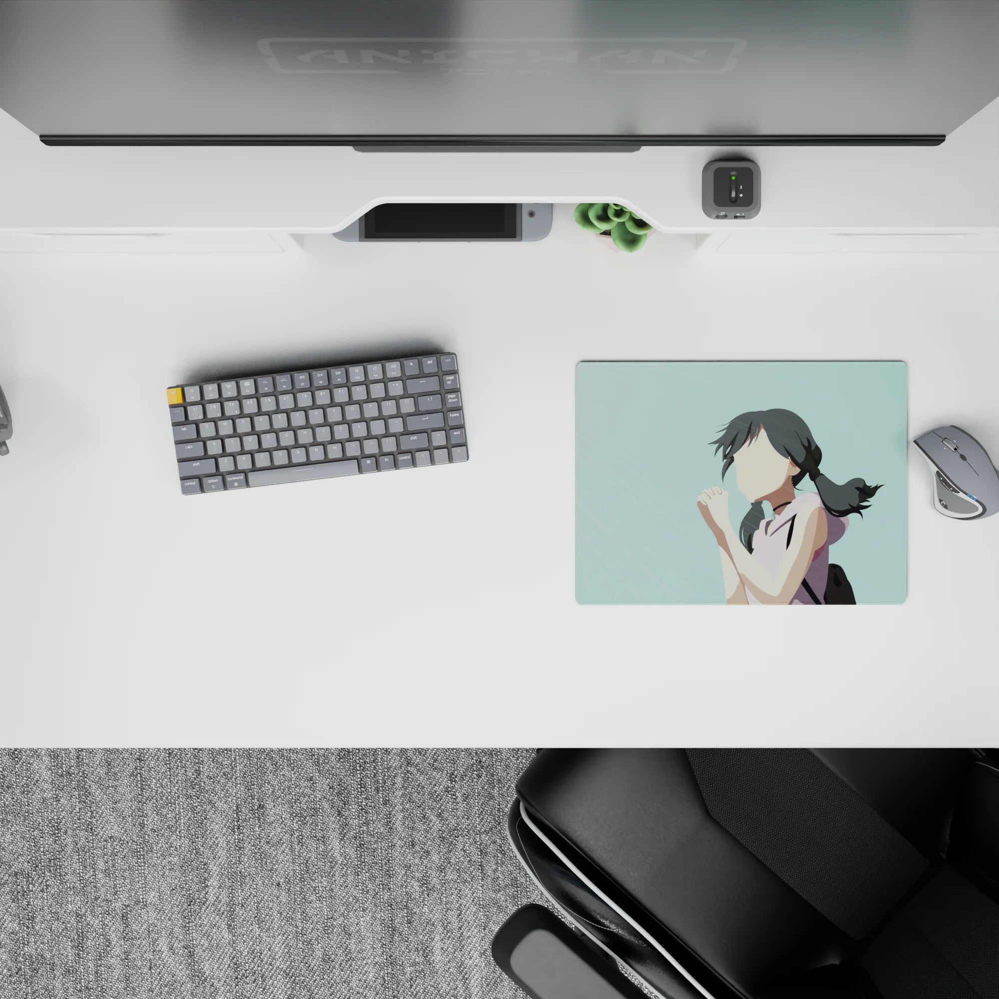 Soft dreamy pale teal anime girl mouse pad 14x10 inches, calm desk vibe for study, work, or gaming.