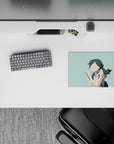 Soft dreamy pale teal anime girl mouse pad 14x10 inches, calm desk vibe for study, work, or gaming.
