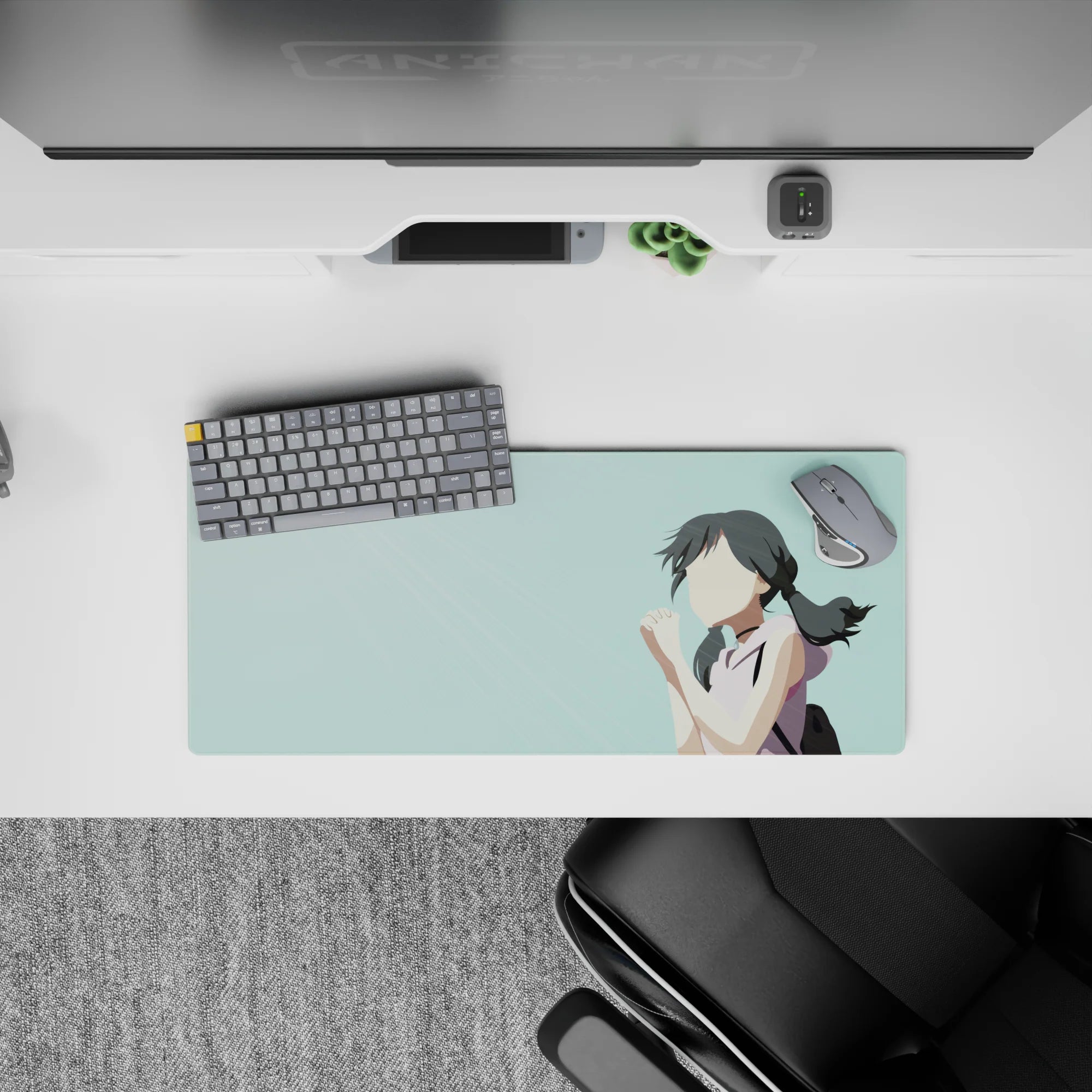 28x12 inches anime girl mouse pad in pale teal with soft streaks, dreamy calm vibe for desk setup.