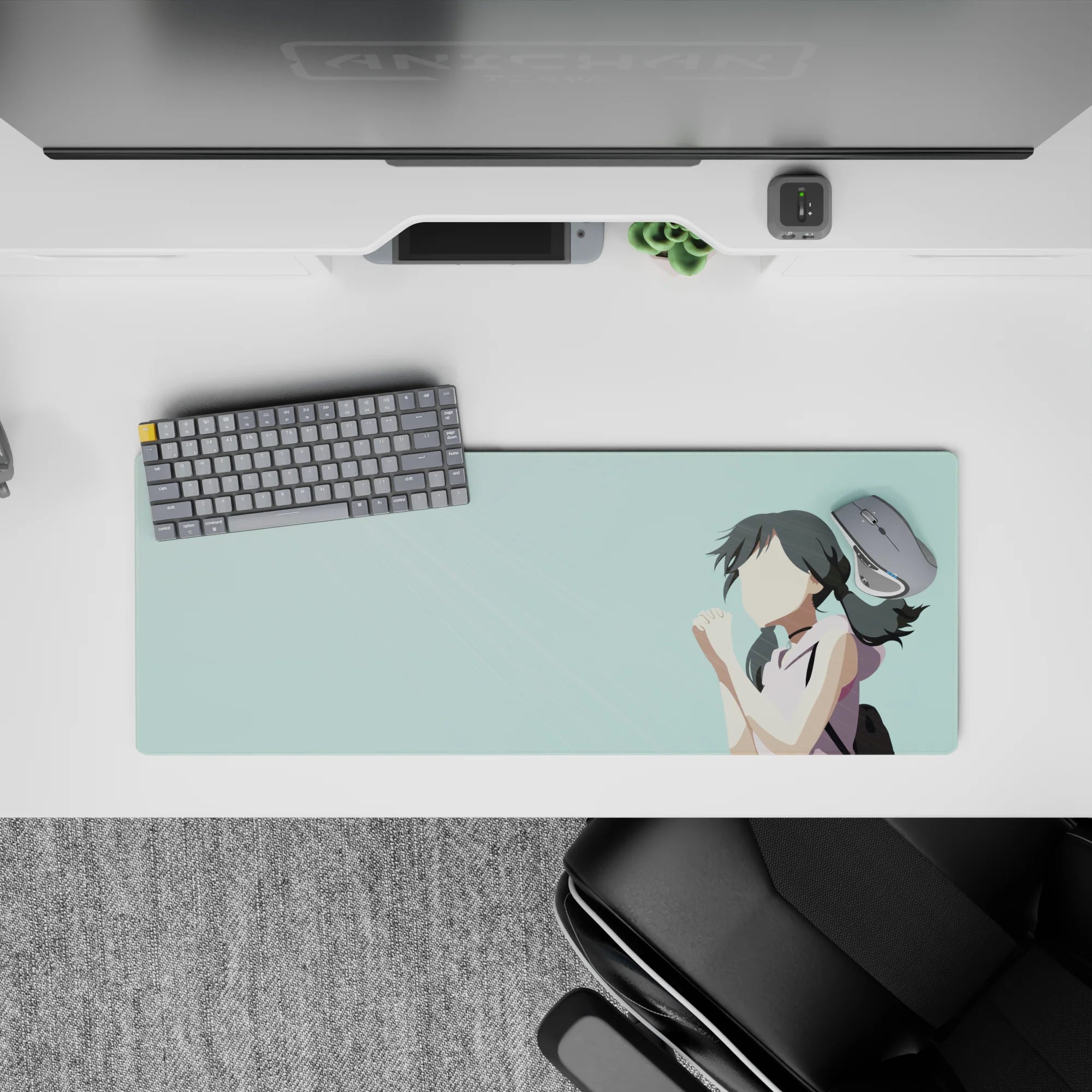 32x12 inches anime girl mouse pad in pale teal with soft dreamy streaks for calm desk vibes.