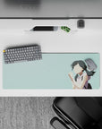 32x12 inches anime girl mouse pad in pale teal with soft dreamy streaks for calm desk vibes.