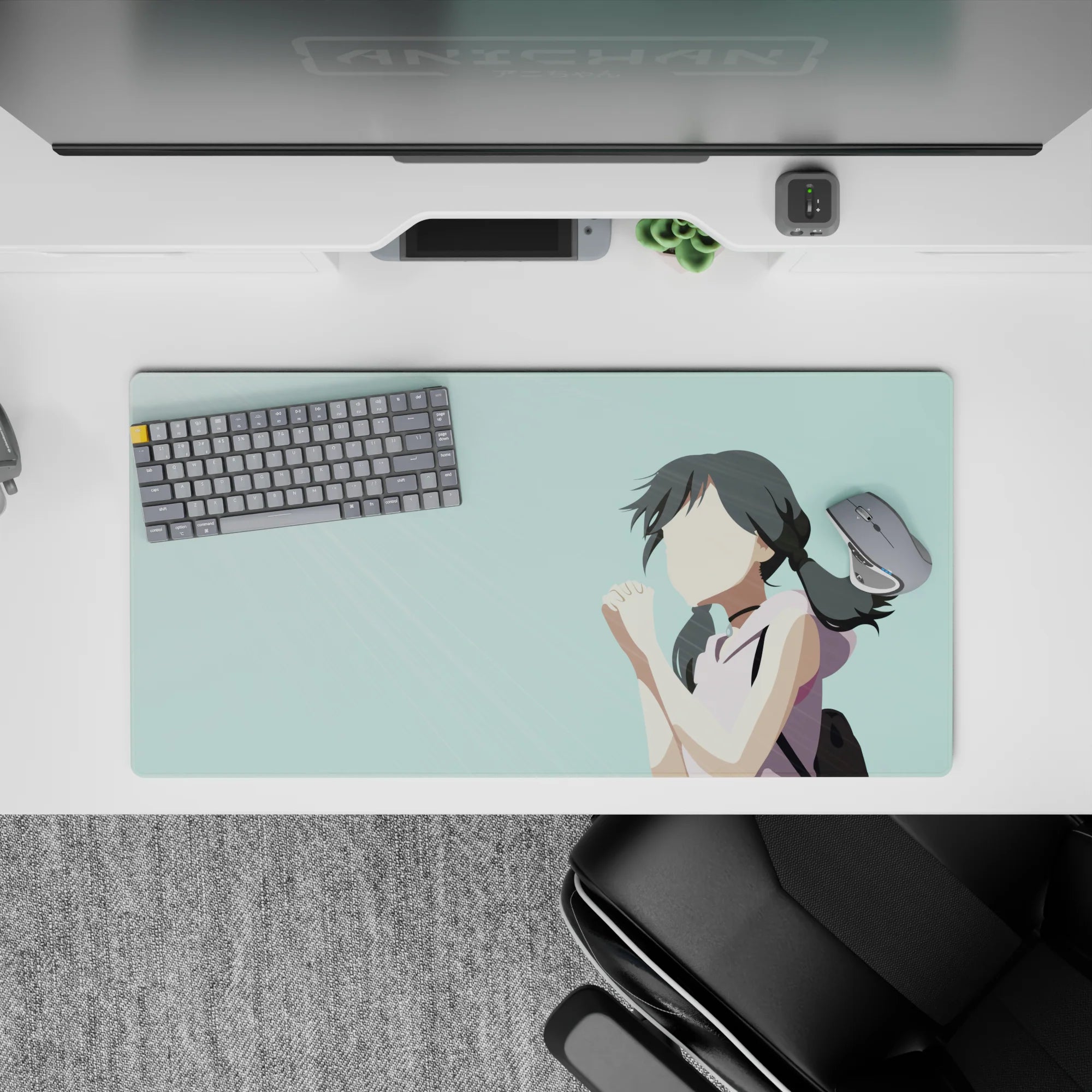 Soft dreamy anime girl mouse pad 32x16 inches in pale teal background with gentle streaks, calm cozy vibe.