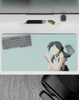 Soft dreamy anime girl mouse pad 32x16 inches in pale teal background with gentle streaks, calm cozy vibe.