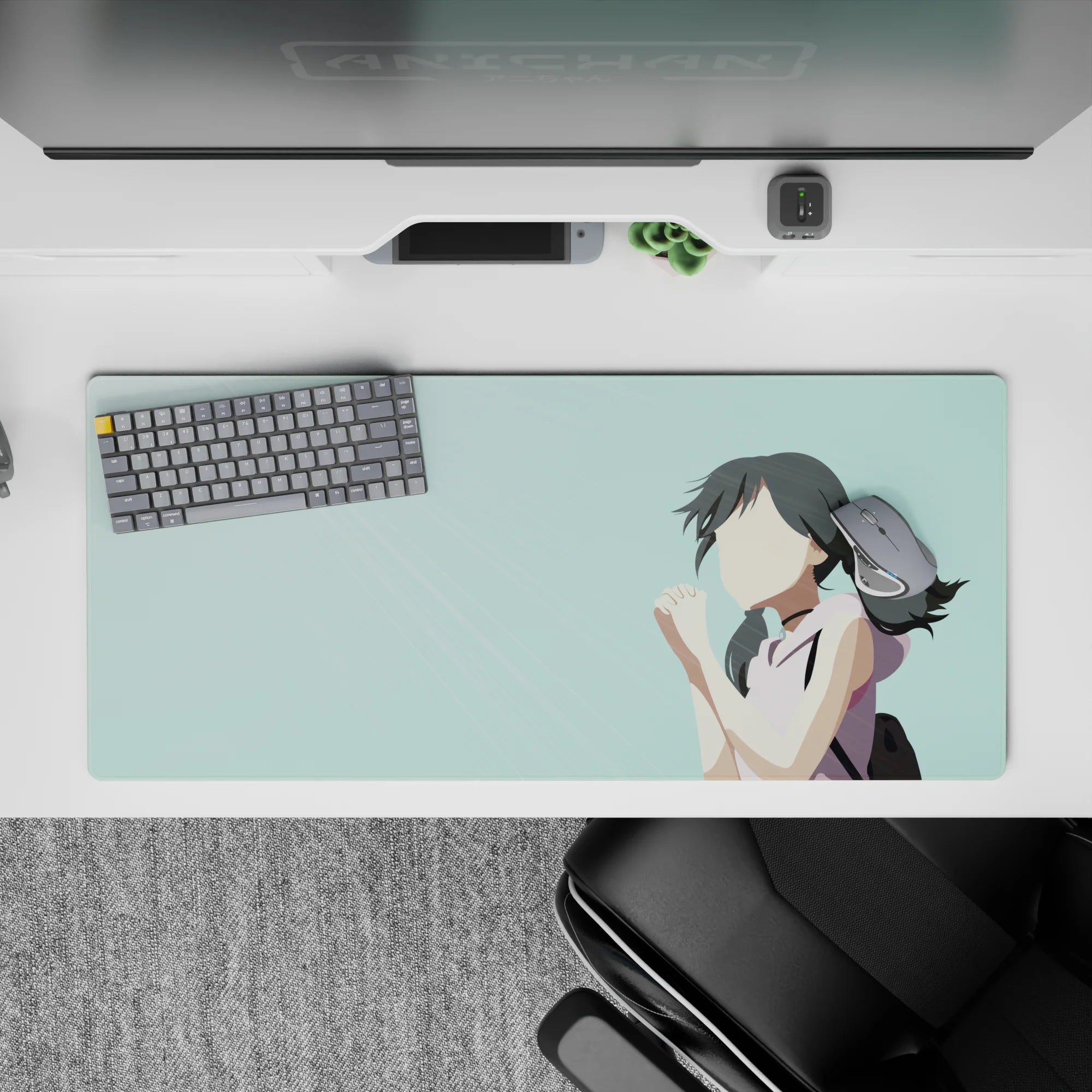 36x16 inches desk pad in pale teal with soft dreamy anime vibe, calm energy for study, gaming, or work.