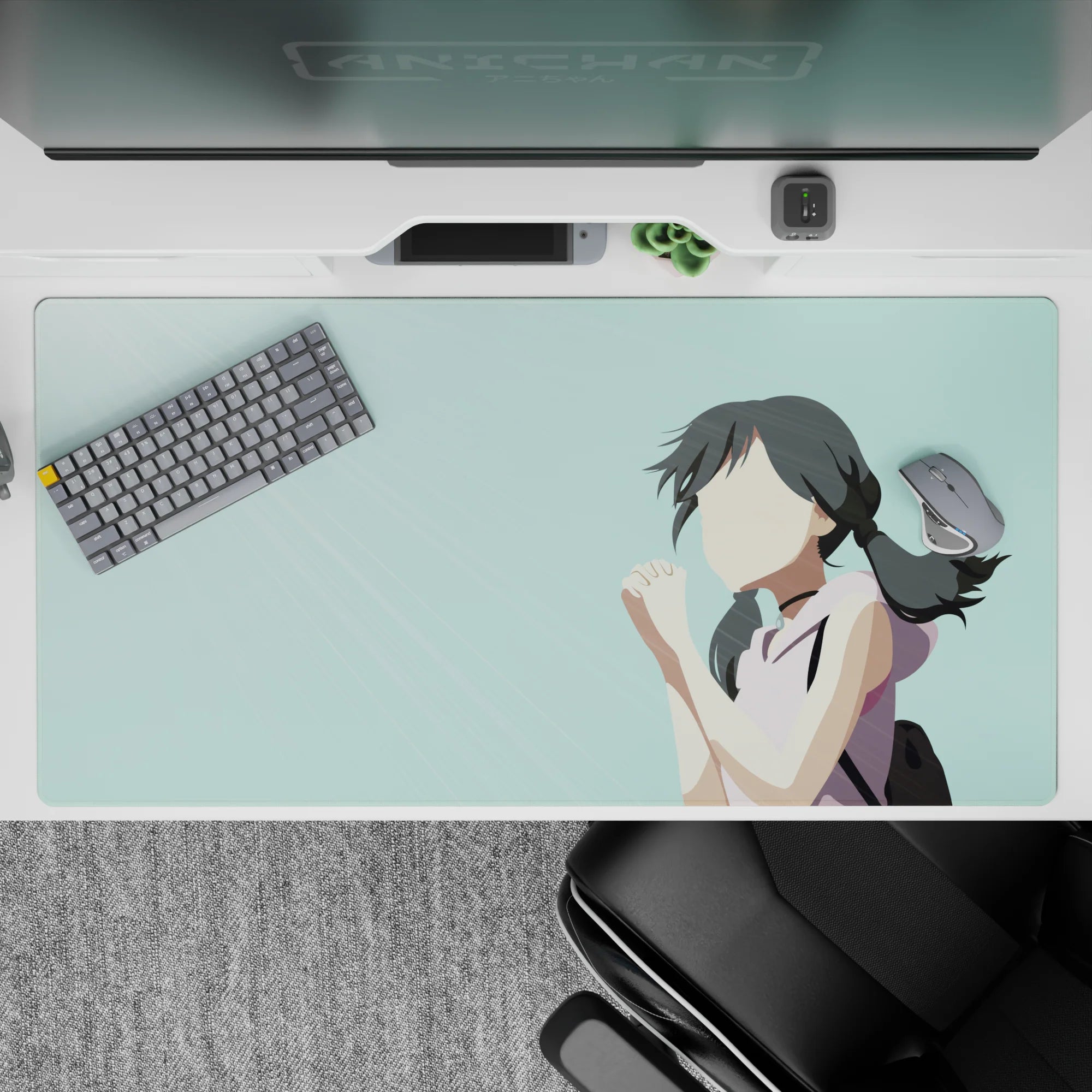 Calm pale teal anime desk pad 40x20 inches, soft dreamy vibe for study, gaming, and work.