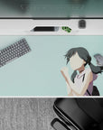 Calm pale teal anime desk pad 40x20 inches, soft dreamy vibe for study, gaming, and work.