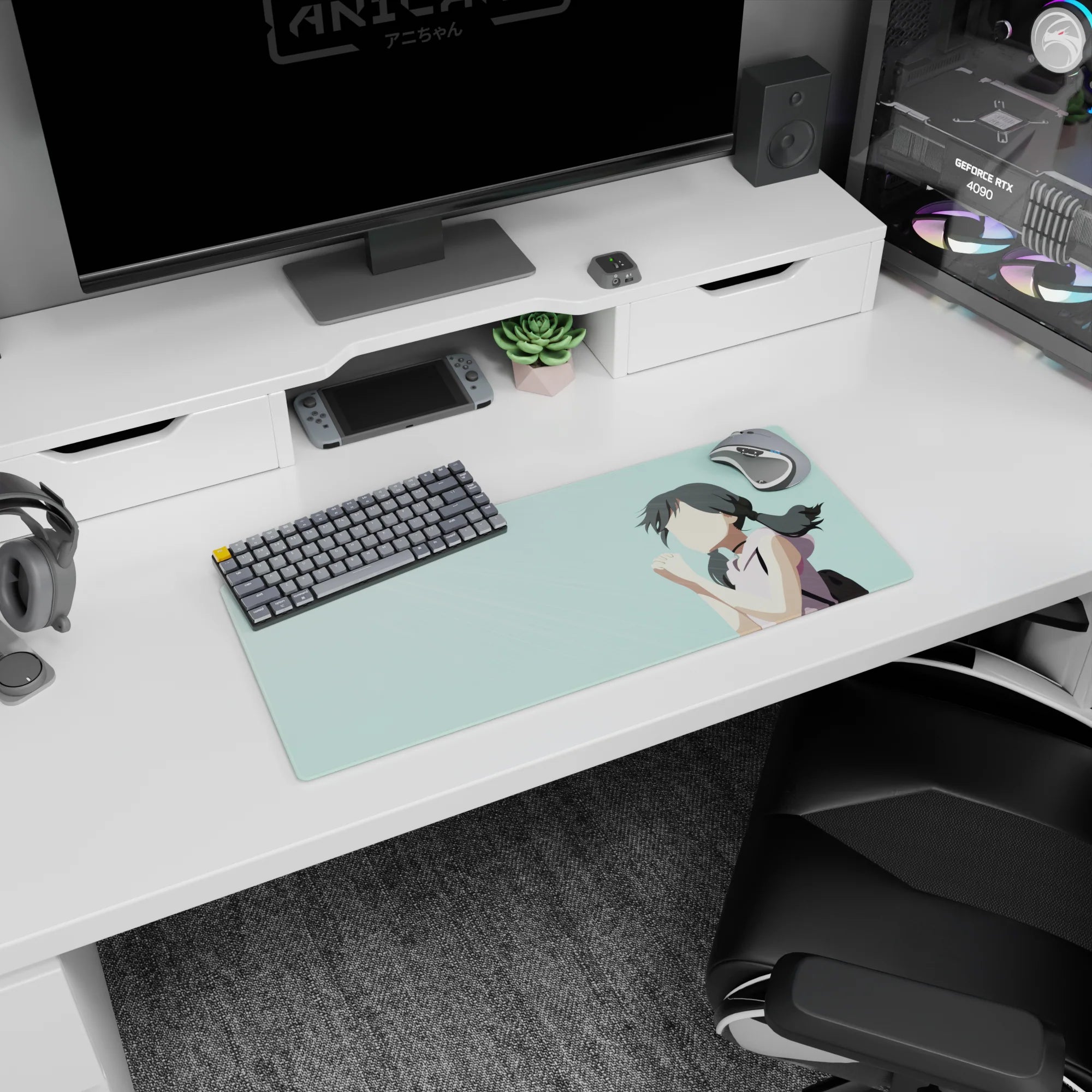 28x12 inches anime girl mouse pad showing a dark twin-ponytail schoolgirl wishing you luck, hands clasped.